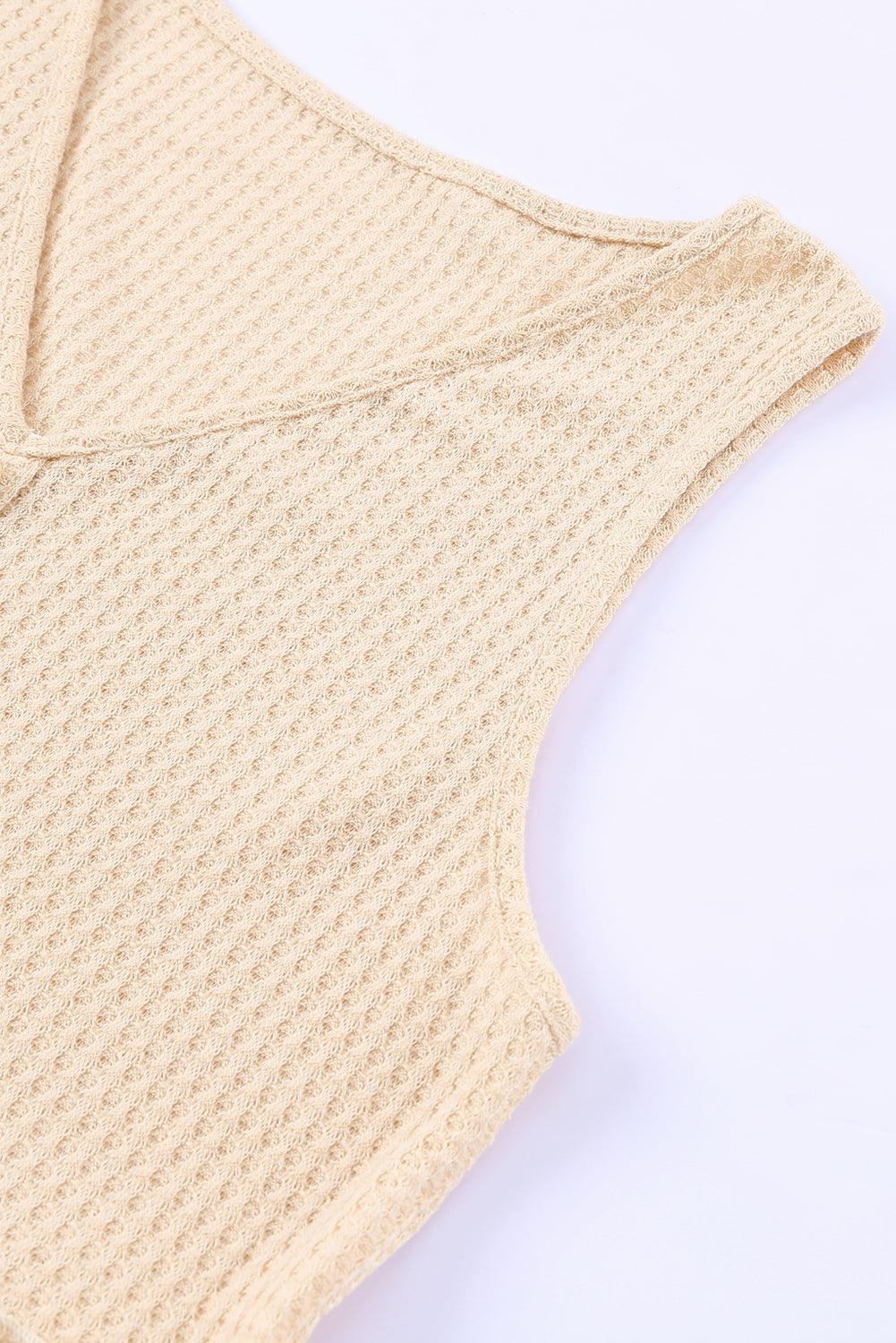 Apricot Waffle Knit Button Ruffled Casual Tank Top for Women