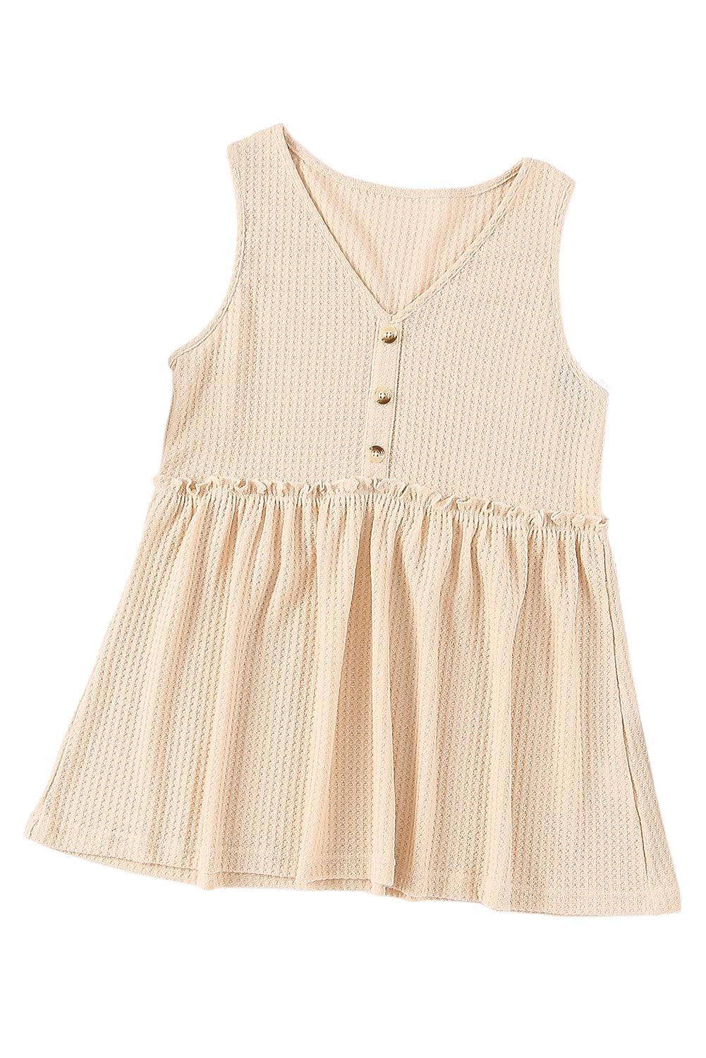 Apricot Waffle Knit Button Ruffled Casual Tank Top for Women