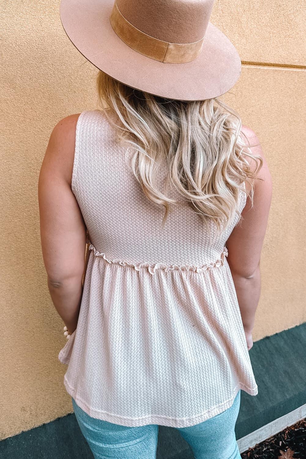 Apricot Waffle Knit Button Ruffled Casual Tank Top for Women