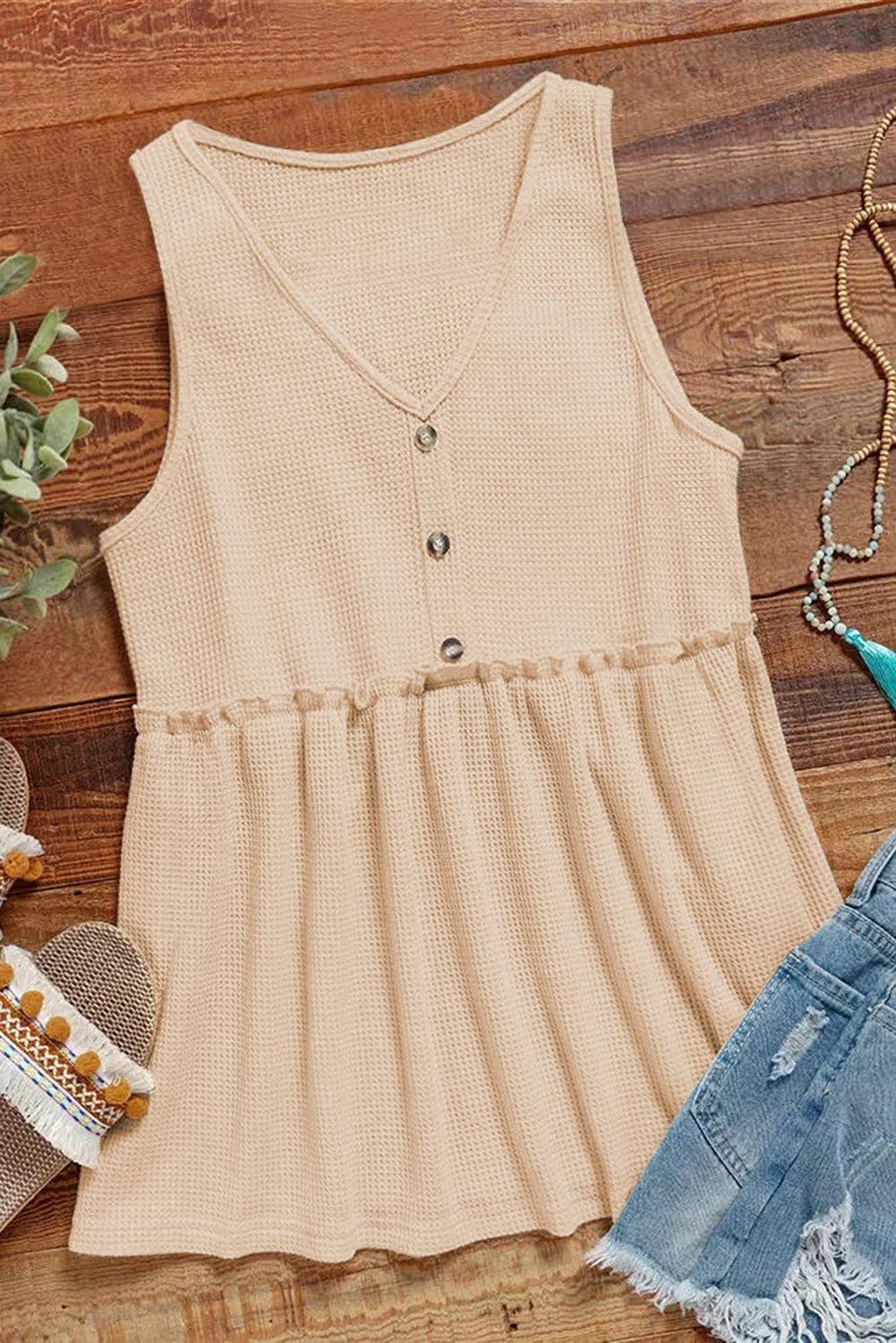 Apricot Waffle Knit Button Ruffled Casual Tank Top for Women