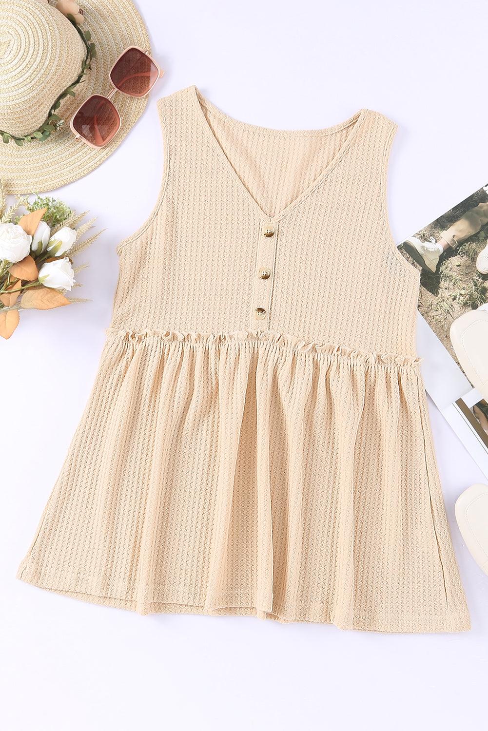 Apricot Waffle Knit Button Ruffled Casual Tank Top for Women