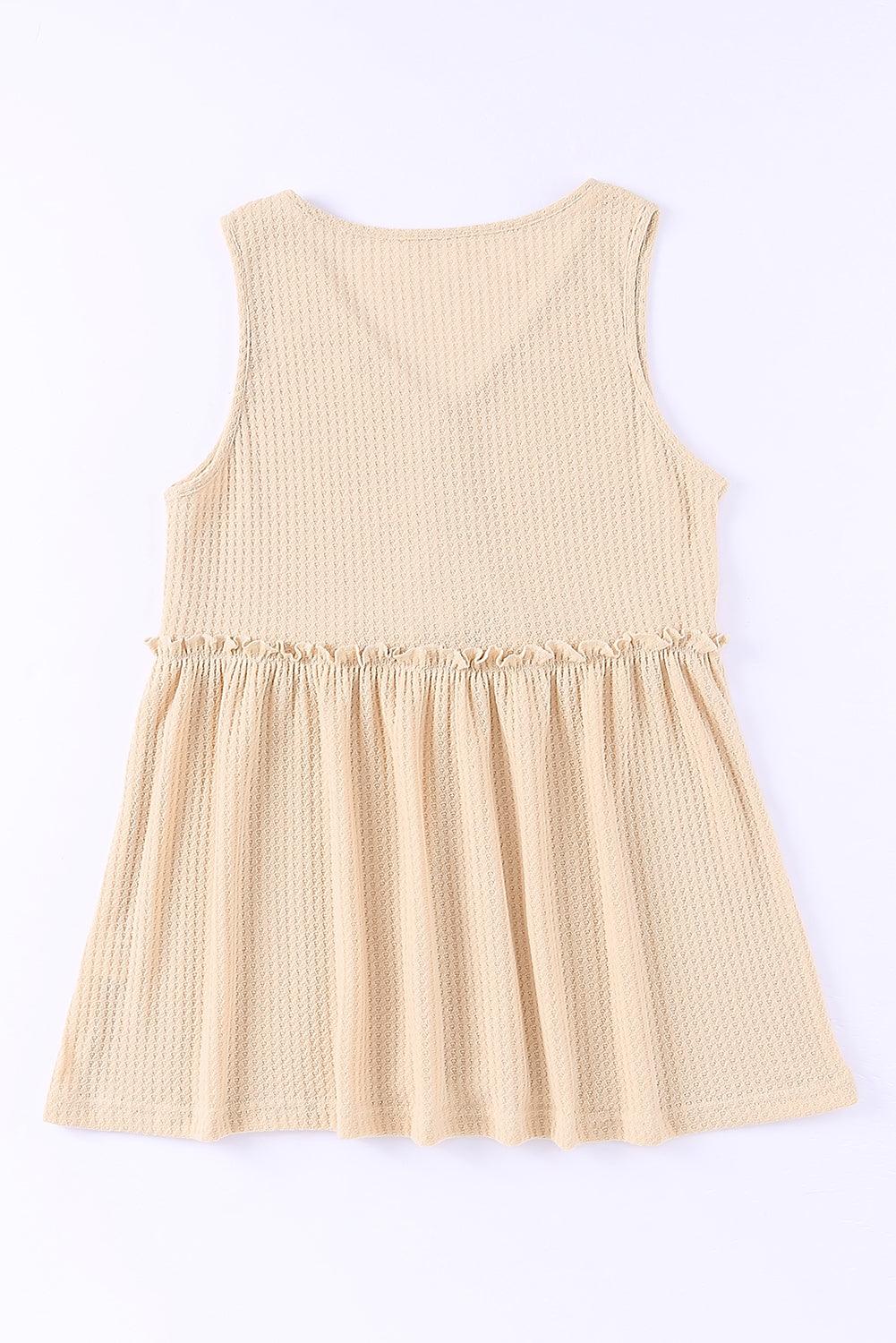 Apricot Waffle Knit Button Ruffled Casual Tank Top for Women