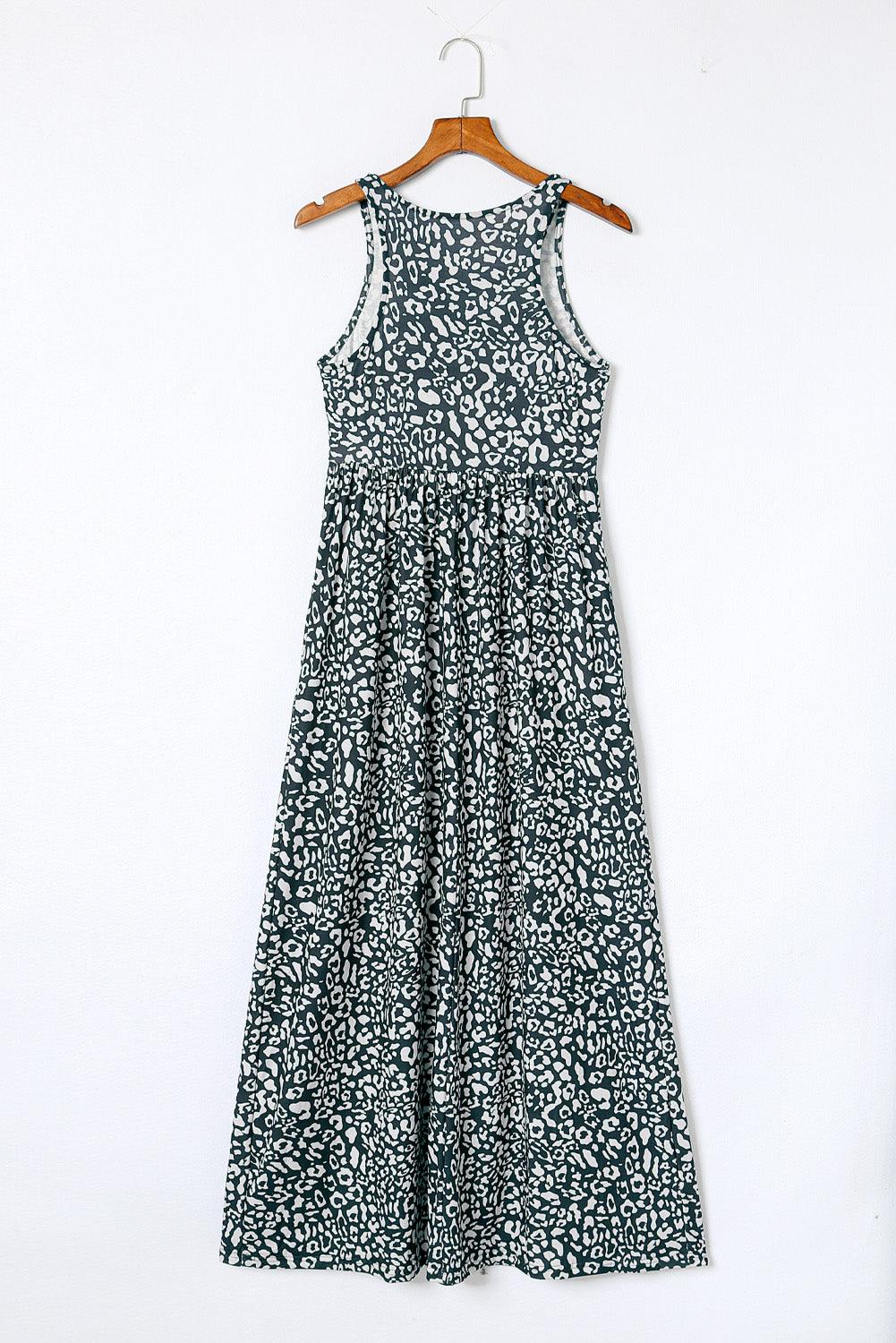 Grey Leopard Print Pocketed Sleeveless Maxi Dress