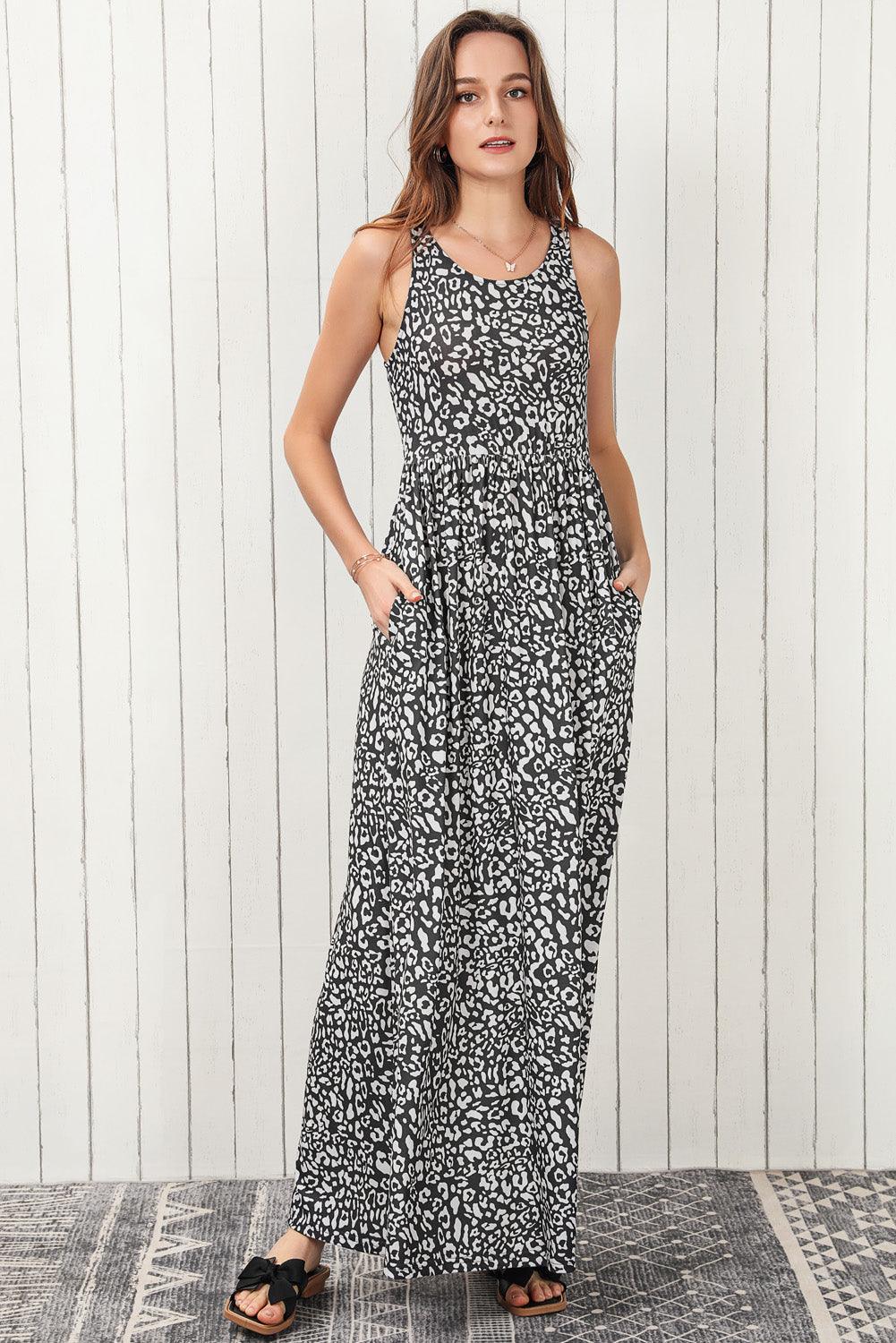 Grey Leopard Print Pocketed Sleeveless Maxi Dress
