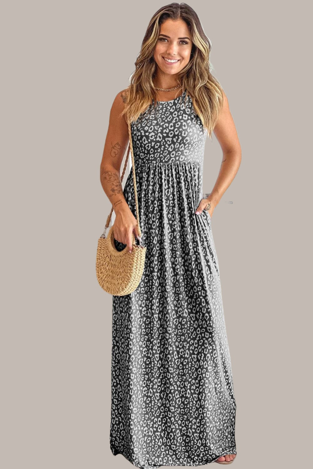 Print Pocketed Sleeveless Gray Maxi Dress Style Sundress