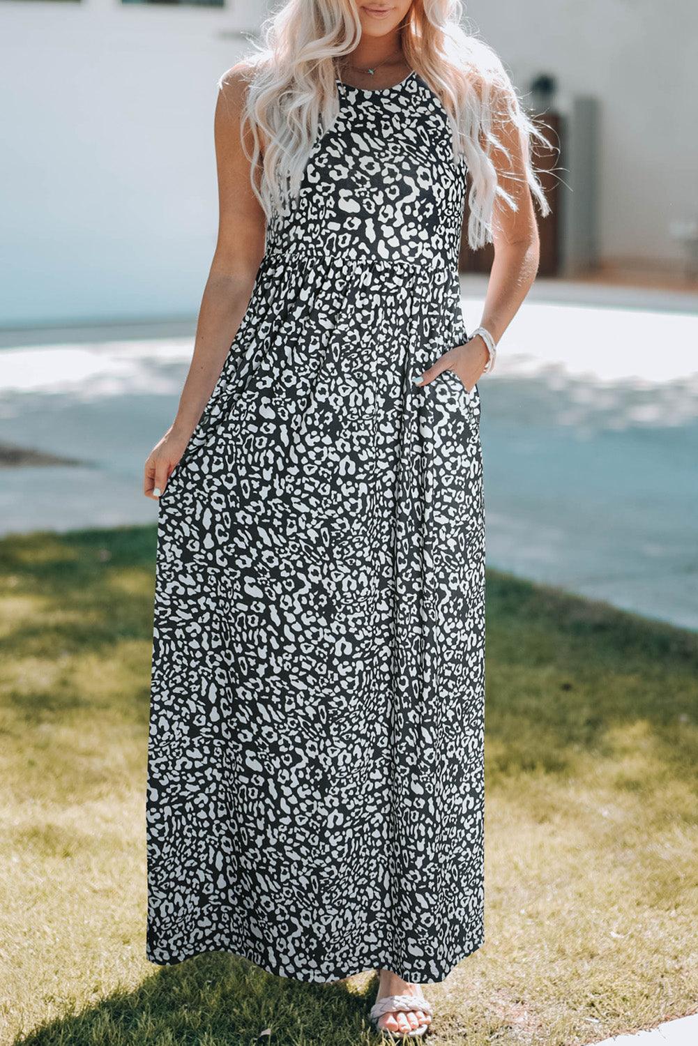 Grey Leopard Print Pocketed Sleeveless Maxi Dress