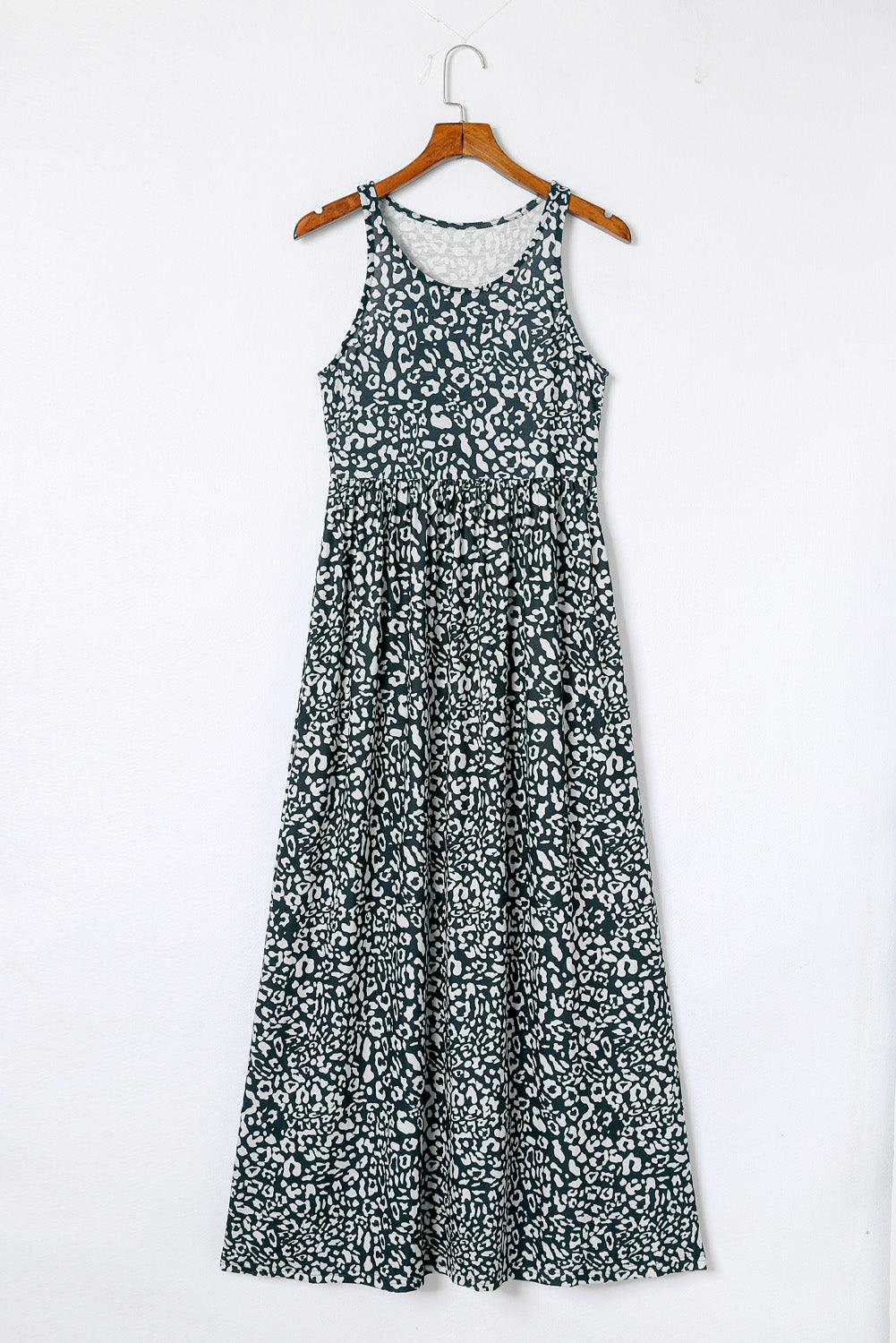 Grey Leopard Print Pocketed Sleeveless Maxi Dress