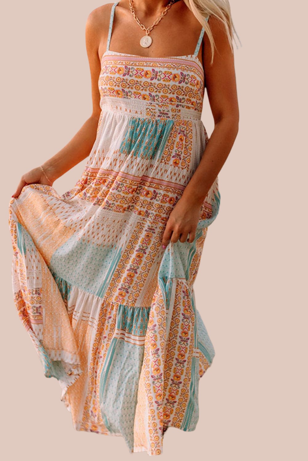 Hawaiian Boho Patchwork Print Square Neck Sundress for Women