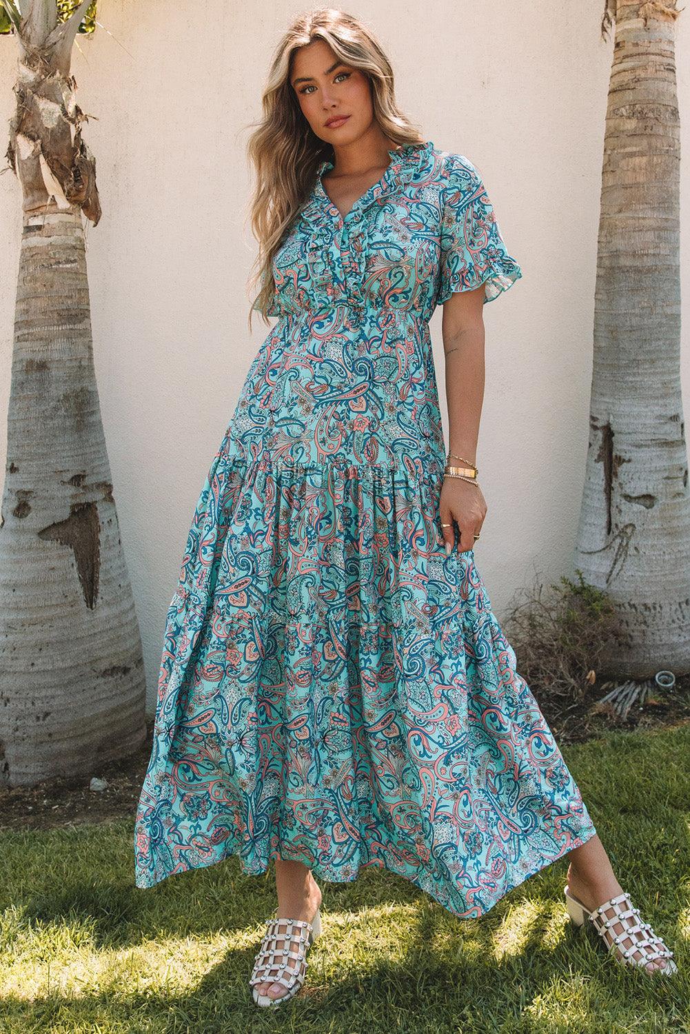 Hawaiian Sundress Style Sky Blue Hawaiian Boho Maxi Dress