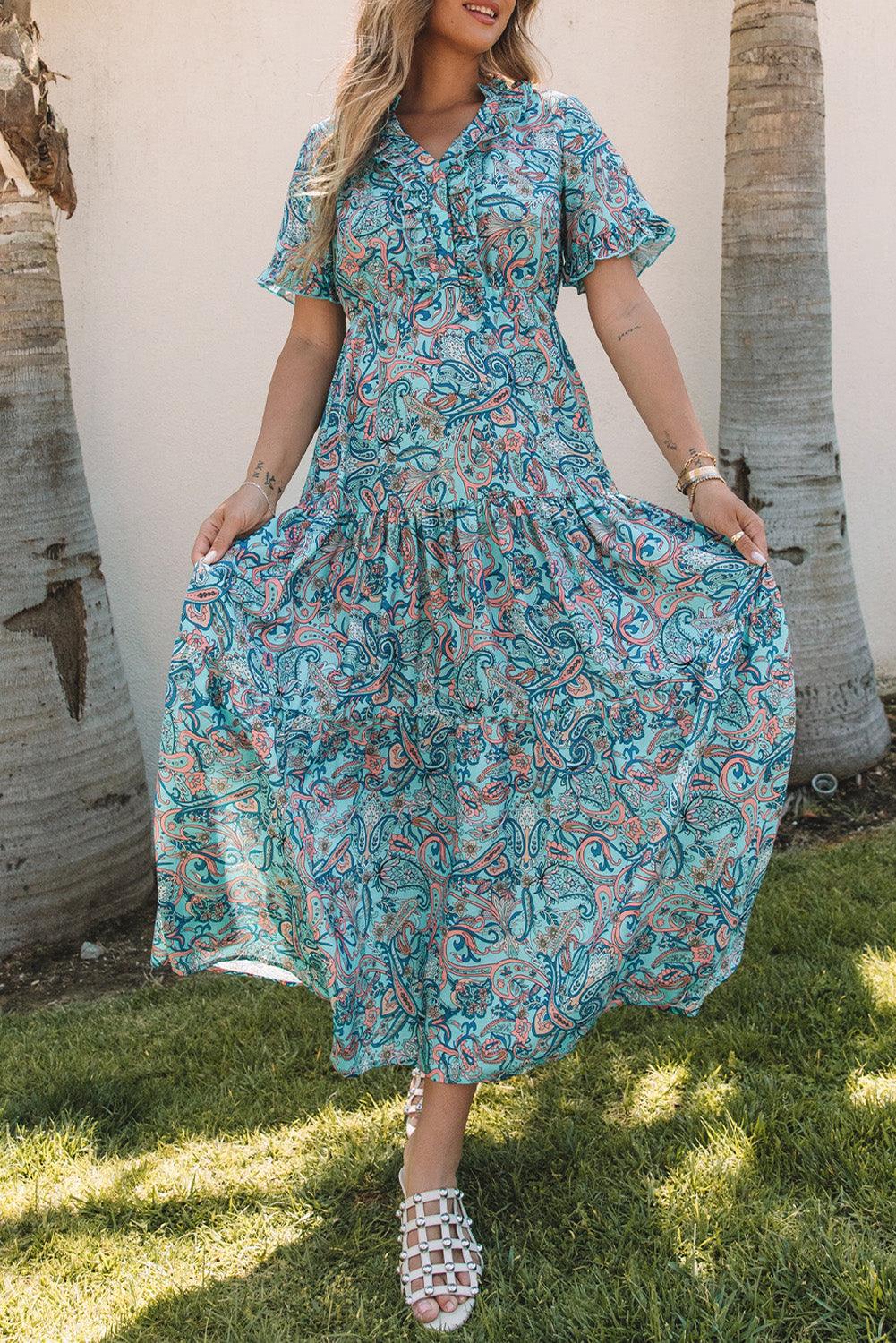 Sky Blue Paisley Print Boho Maxi Dress | Ruffle Tiered Holiday Dress