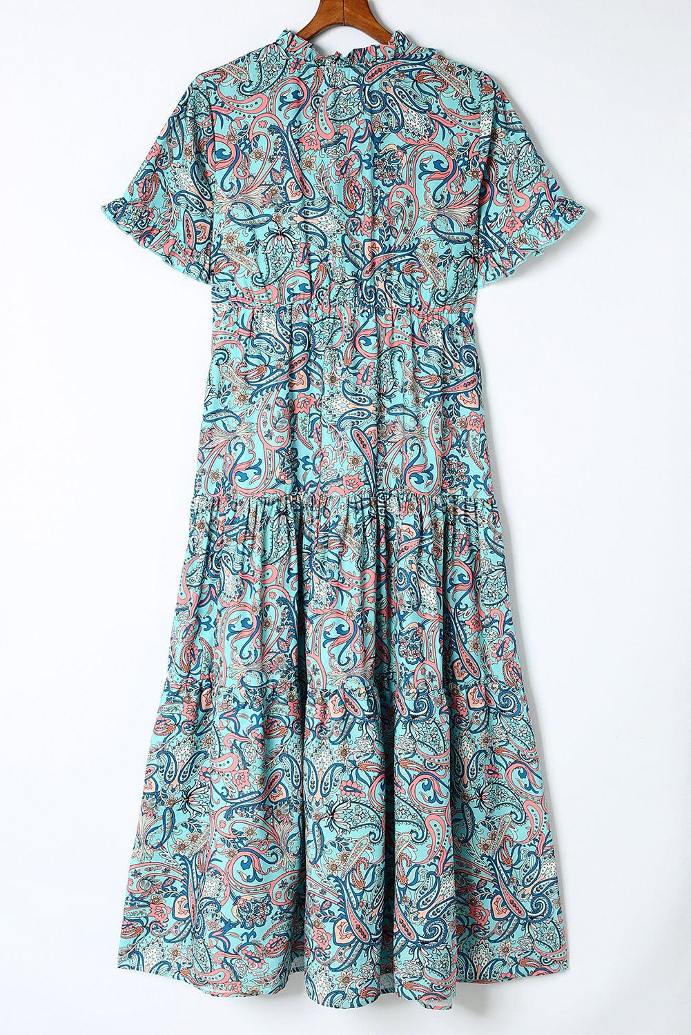 Sky Blue Paisley Print Boho Maxi Dress | Ruffle Tiered Holiday Dress