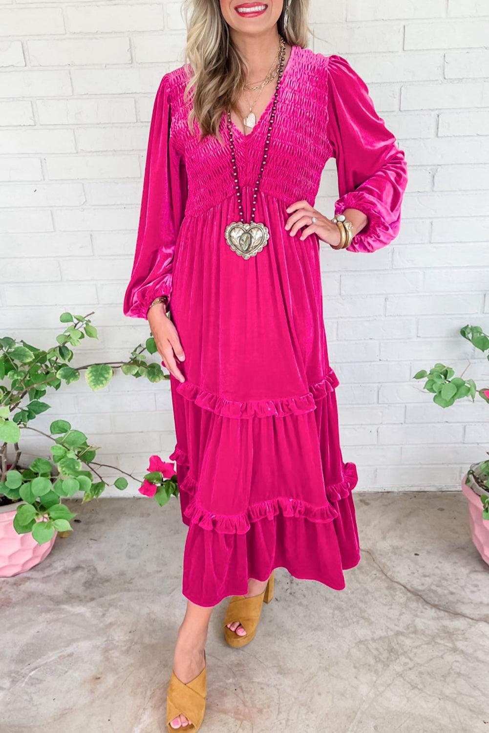 Rose Red Shirred V Neck Long Sleeve Velvet Maxi Dress for Women