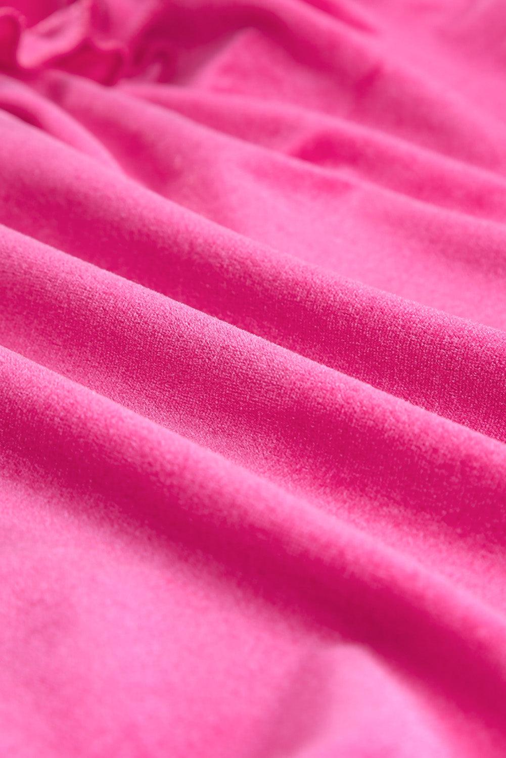 Rose Red Shirred V Neck Long Sleeve Velvet Maxi Dress for Women