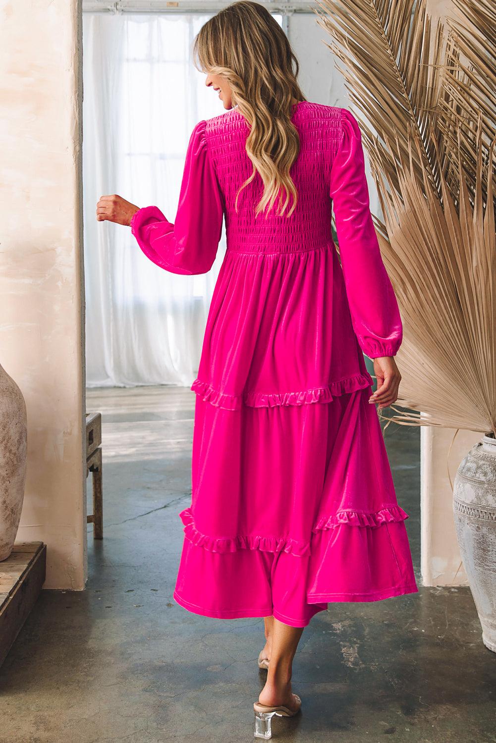 Rose Red Shirred V Neck Long Sleeve Velvet Maxi Dress for Women