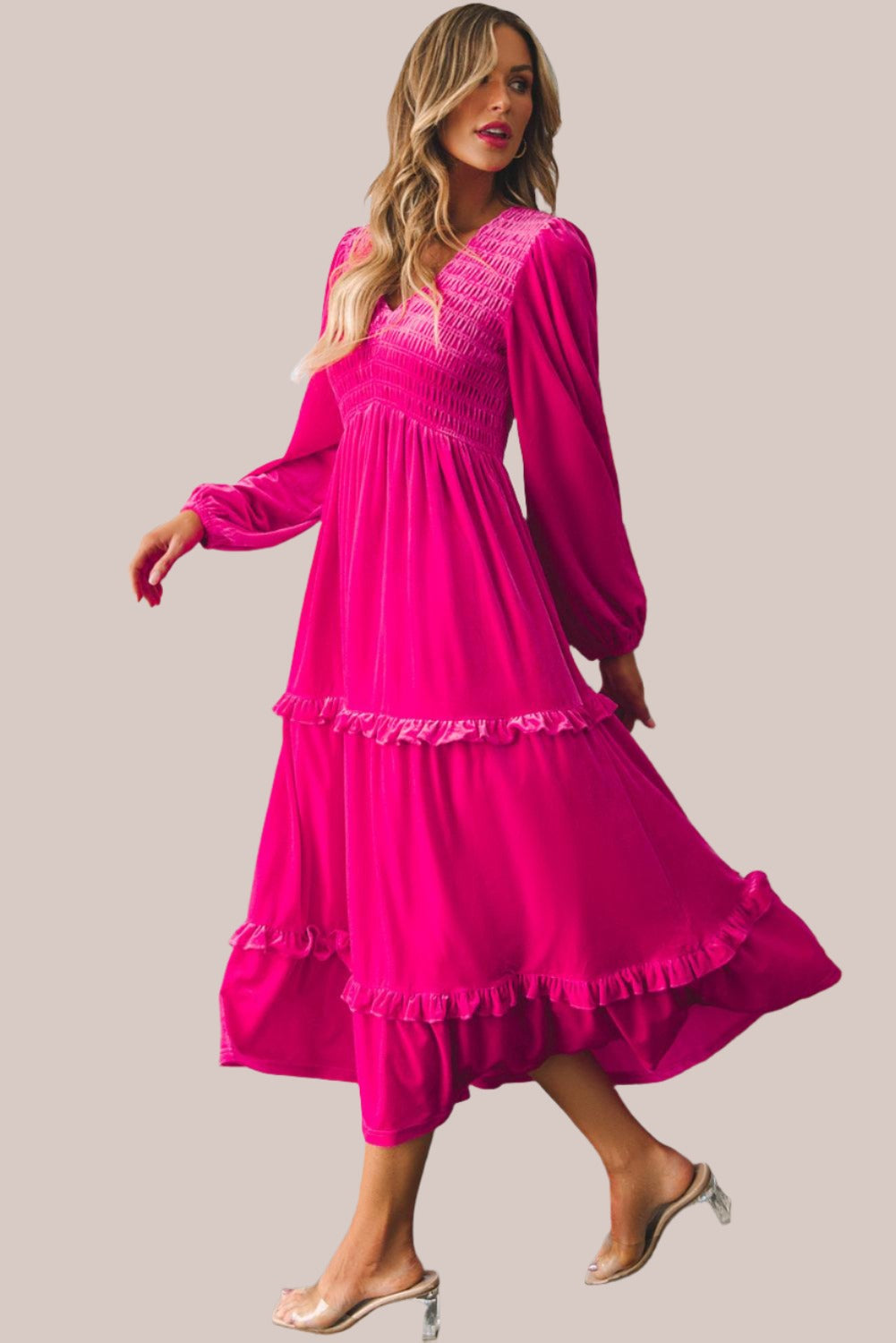 V Neck Long Sleeve Velvet Rose Maxi Dress for Women