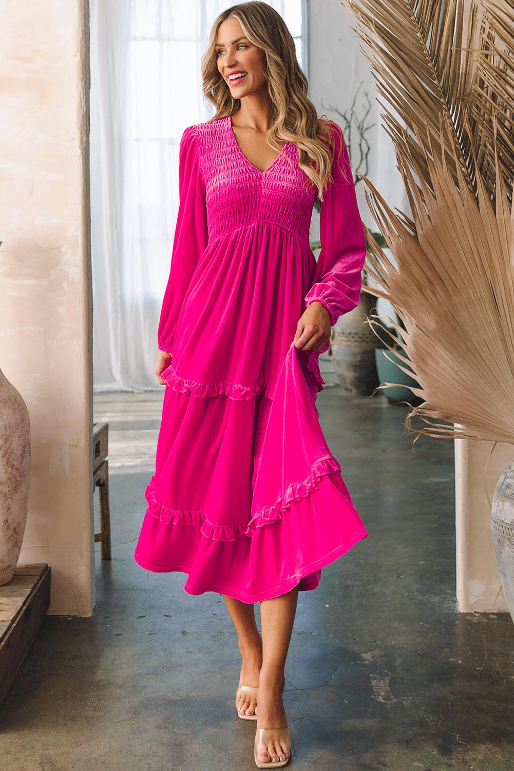 Rose Red Shirred V Neck Long Sleeve Velvet Maxi Dress for Women
