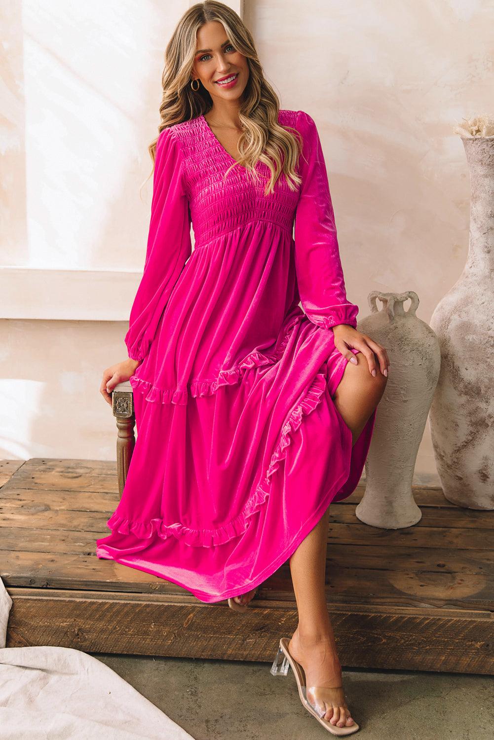 Rose Red Shirred V Neck Long Sleeve Velvet Maxi Dress for Women