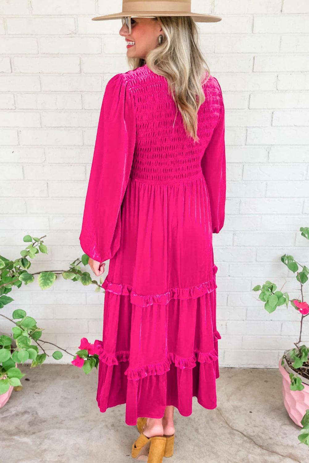Rose Red Shirred V Neck Long Sleeve Velvet Maxi Dress for Women