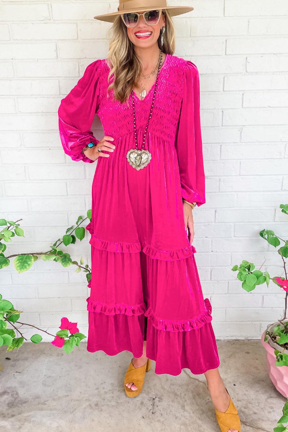 Rose Red Shirred V Neck Long Sleeve Velvet Maxi Dress for Women