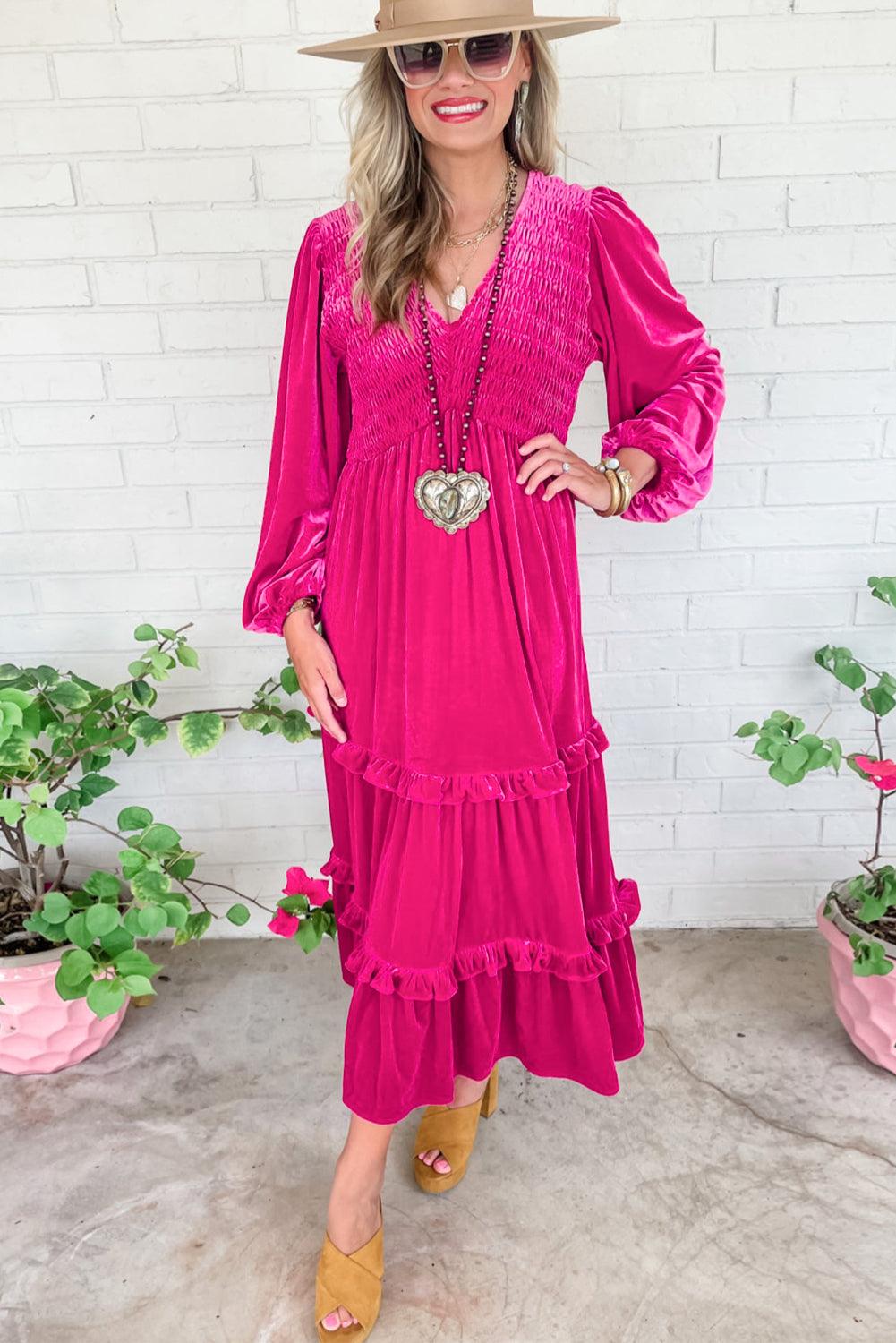 Rose Red Shirred V Neck Long Sleeve Velvet Maxi Dress for Women