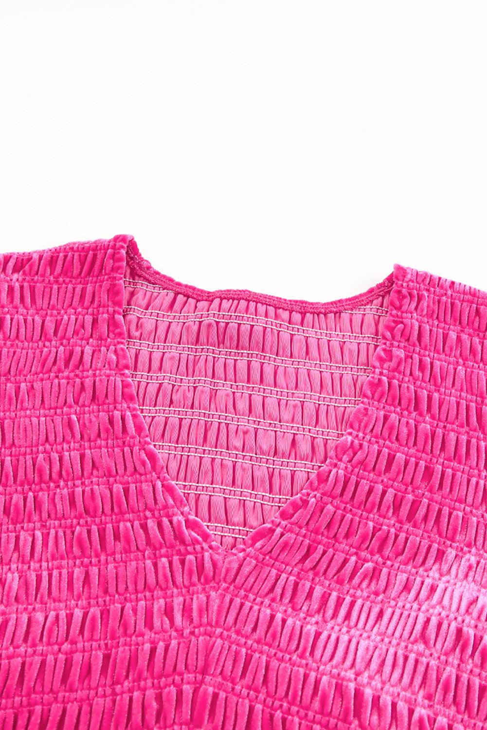 Rose Red Shirred V Neck Long Sleeve Velvet Maxi Dress for Women