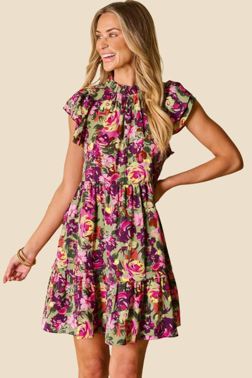 Flutter Sleeve Frilled Neck Summer Midi Dress
