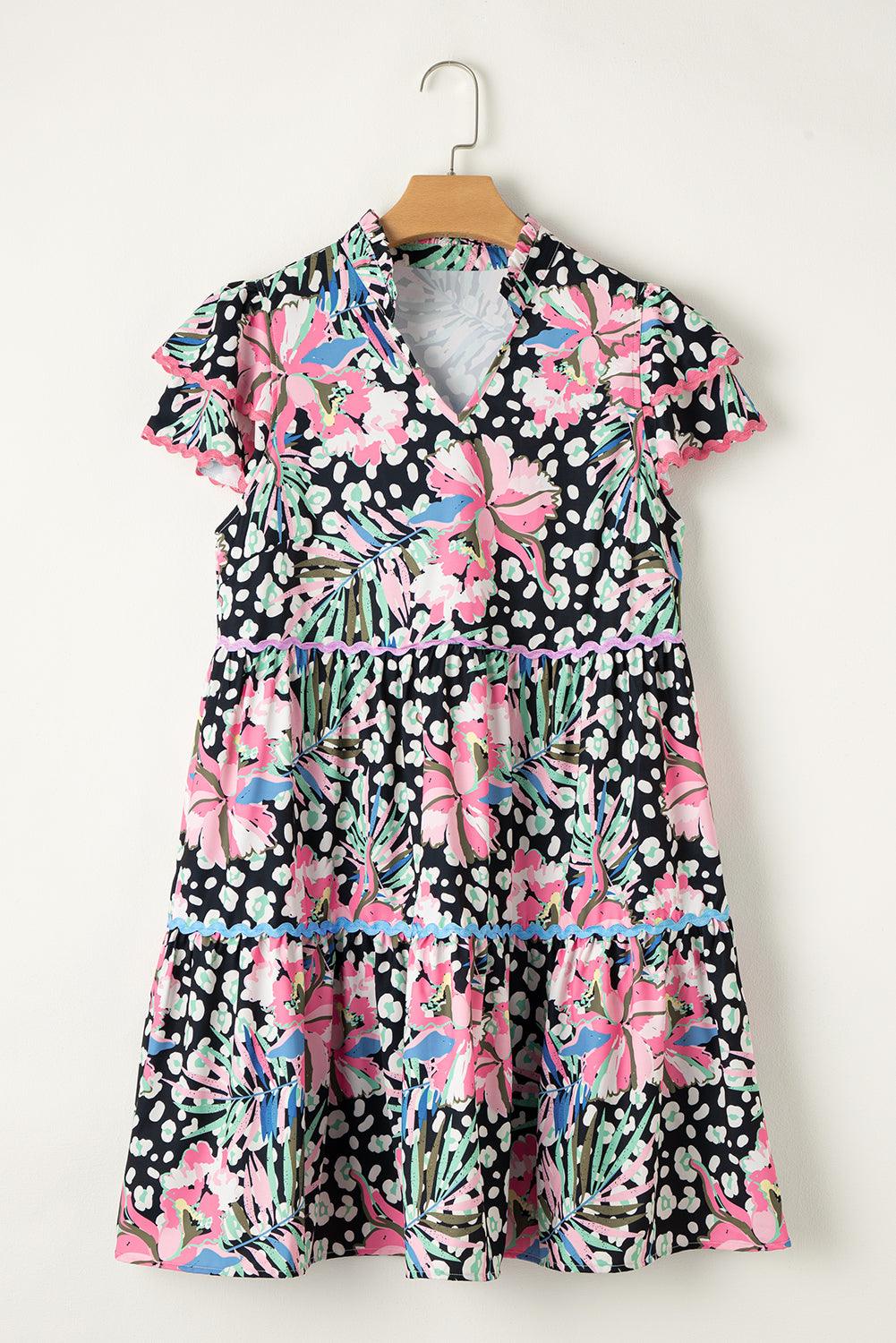 Pink Floral Short Sleeve Tiered Mini Dress for Summer