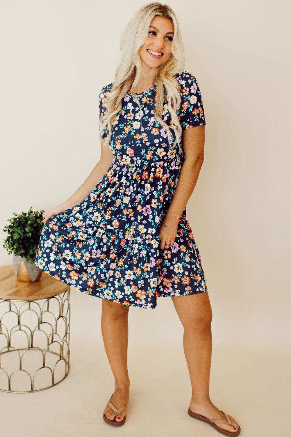 Blue Short Sleeve A-line Floral Mini Dress for Summer