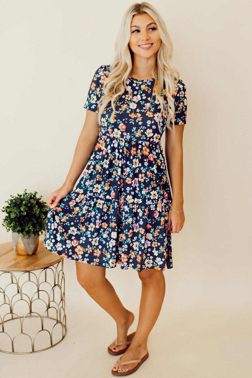 Blue Short Sleeve A-line Floral Mini Dress for Summer