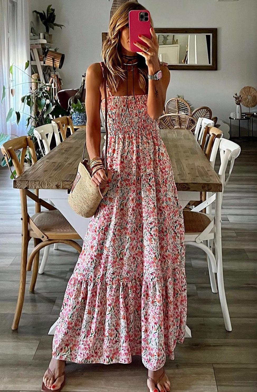 Floral Smocked Ruffled Pink Hawaiian Maxi Dress