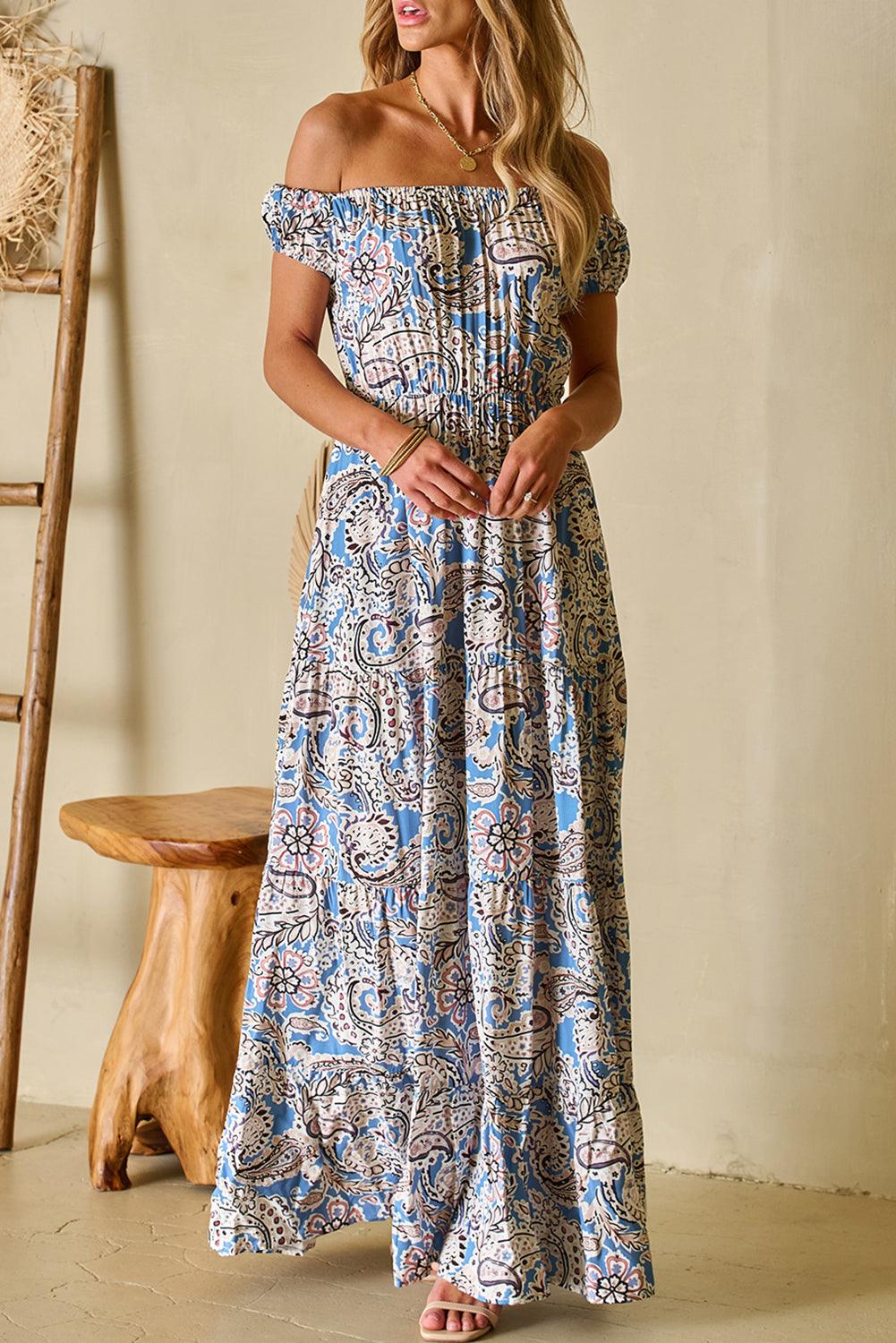 Blue Boho Paisley Print Off Shoulder Hawaiian Maxi Dress