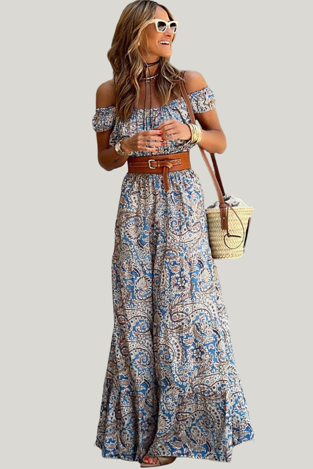 Boho Paisley Printed Off Shoulder Hawaiian Maxi Dress