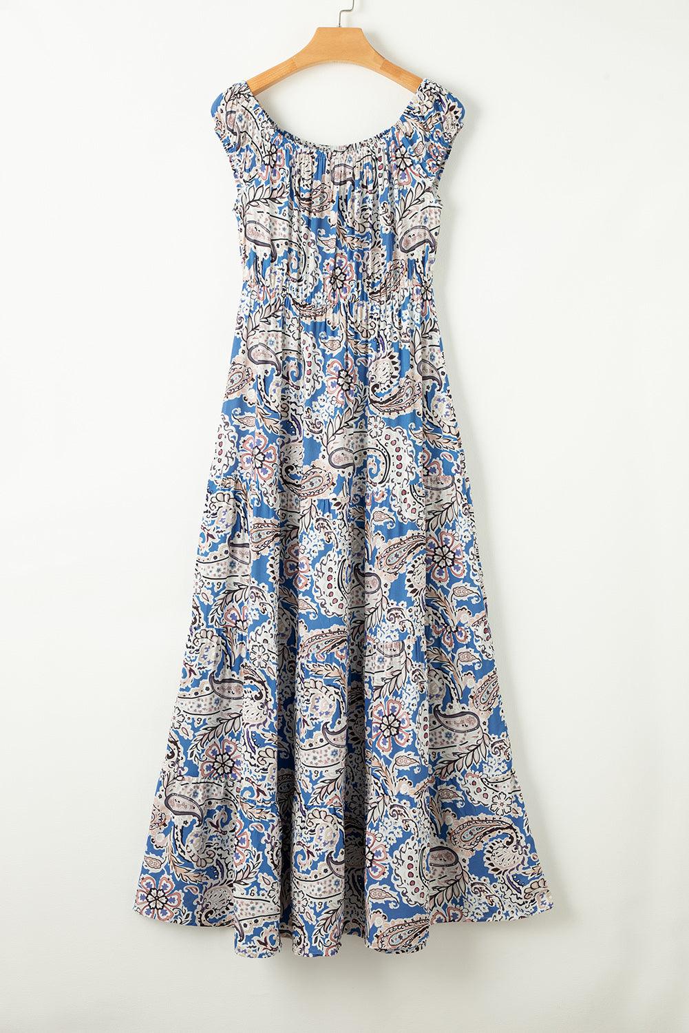 Blue Boho Paisley Print Off Shoulder Hawaiian Maxi Dress