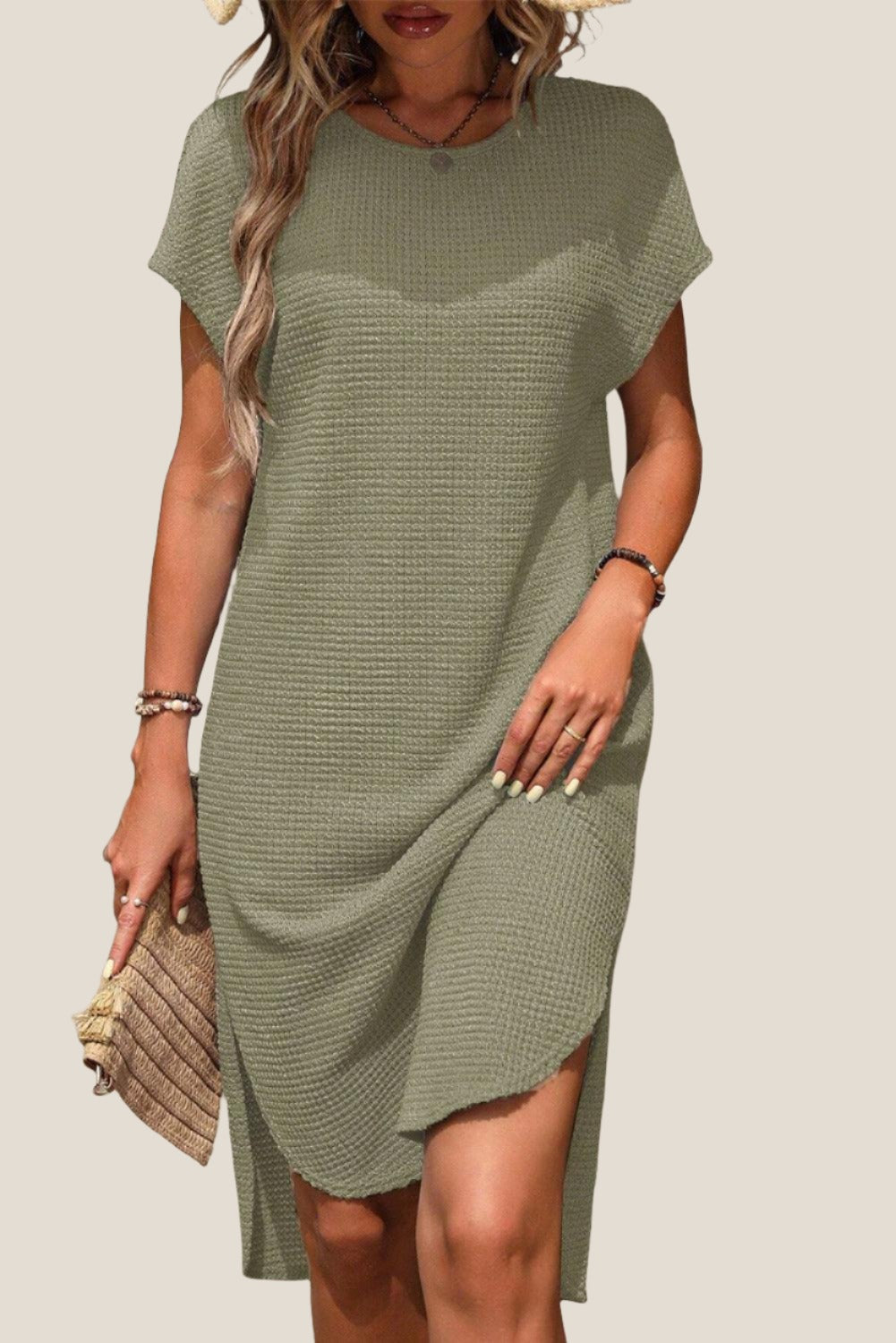 Curved Hem Side Slit Long Tunic T-shirt Dress - Green