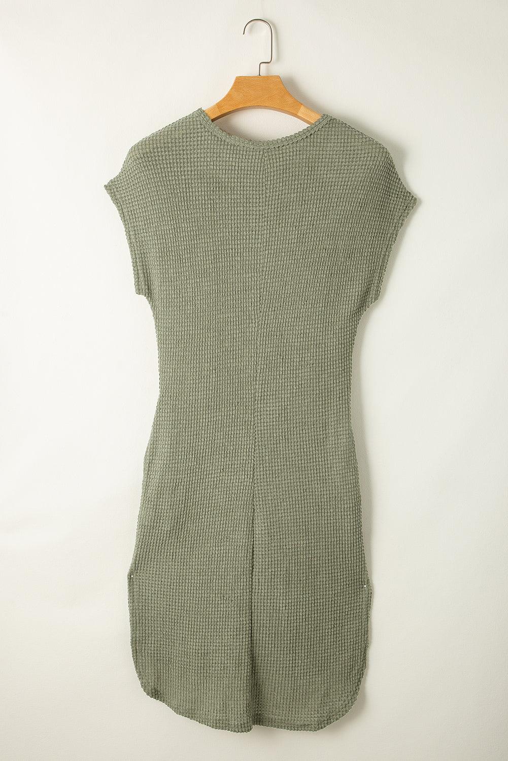 Jungle Green Waffle Texture Curved Hem Side Slit Long Tunic T-shirt Dress