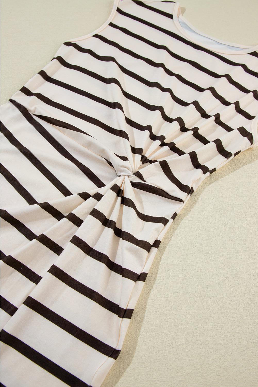 Women's Striped Twist Front Split Hem Cap Sleeve Summer Midi Dress