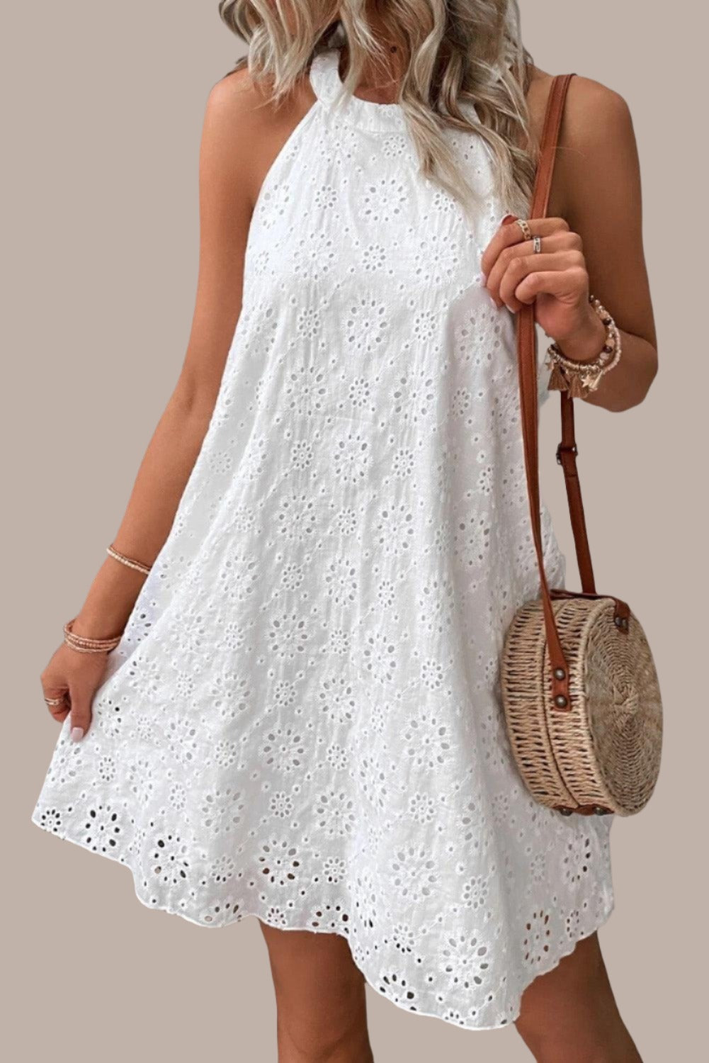 Boho Eyelet Sleeveless White Halter Neck Midi Dress