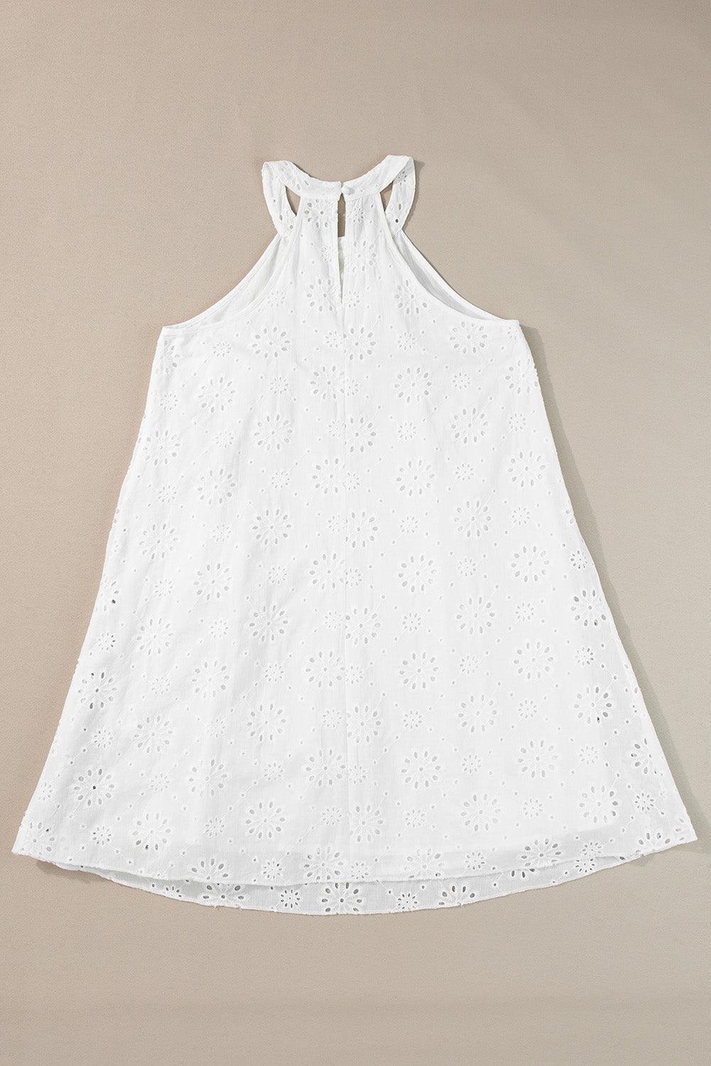 Boho Eyelet Pattern Halter Neck Sleeveless White Midi Dress
