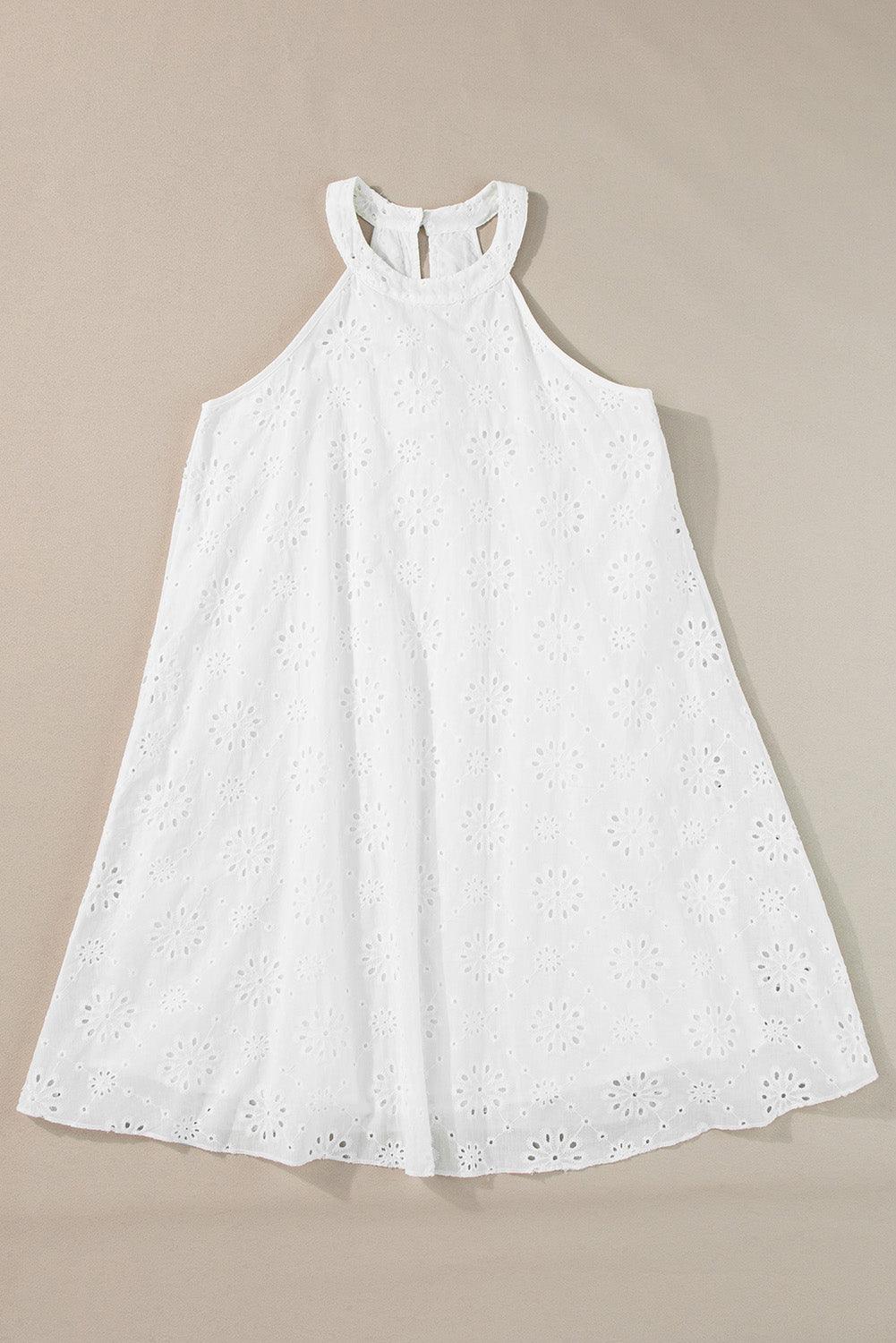 Boho Eyelet Pattern Halter Neck Sleeveless White Midi Dress