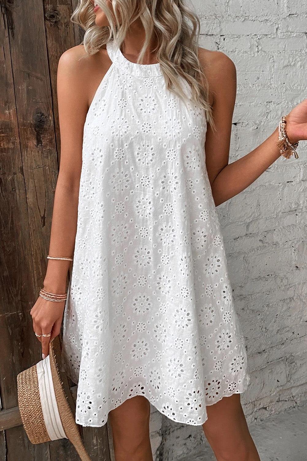 Boho Eyelet Pattern Halter Neck Sleeveless White Midi Dress