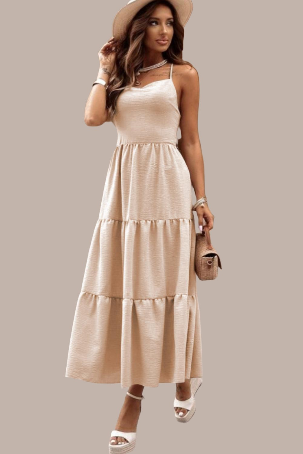 Crossover Backless Bodice Tiered Maxi Dress Creamy