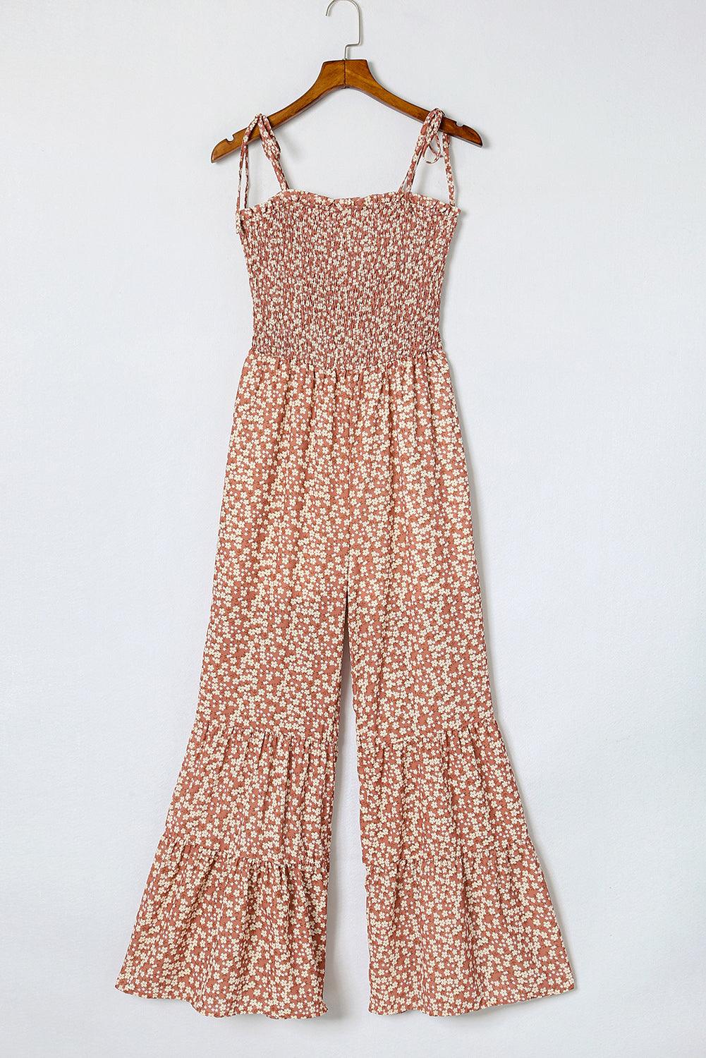 Beige Floral Jumpsuit with Spaghetti Straps & Smocked Bodice