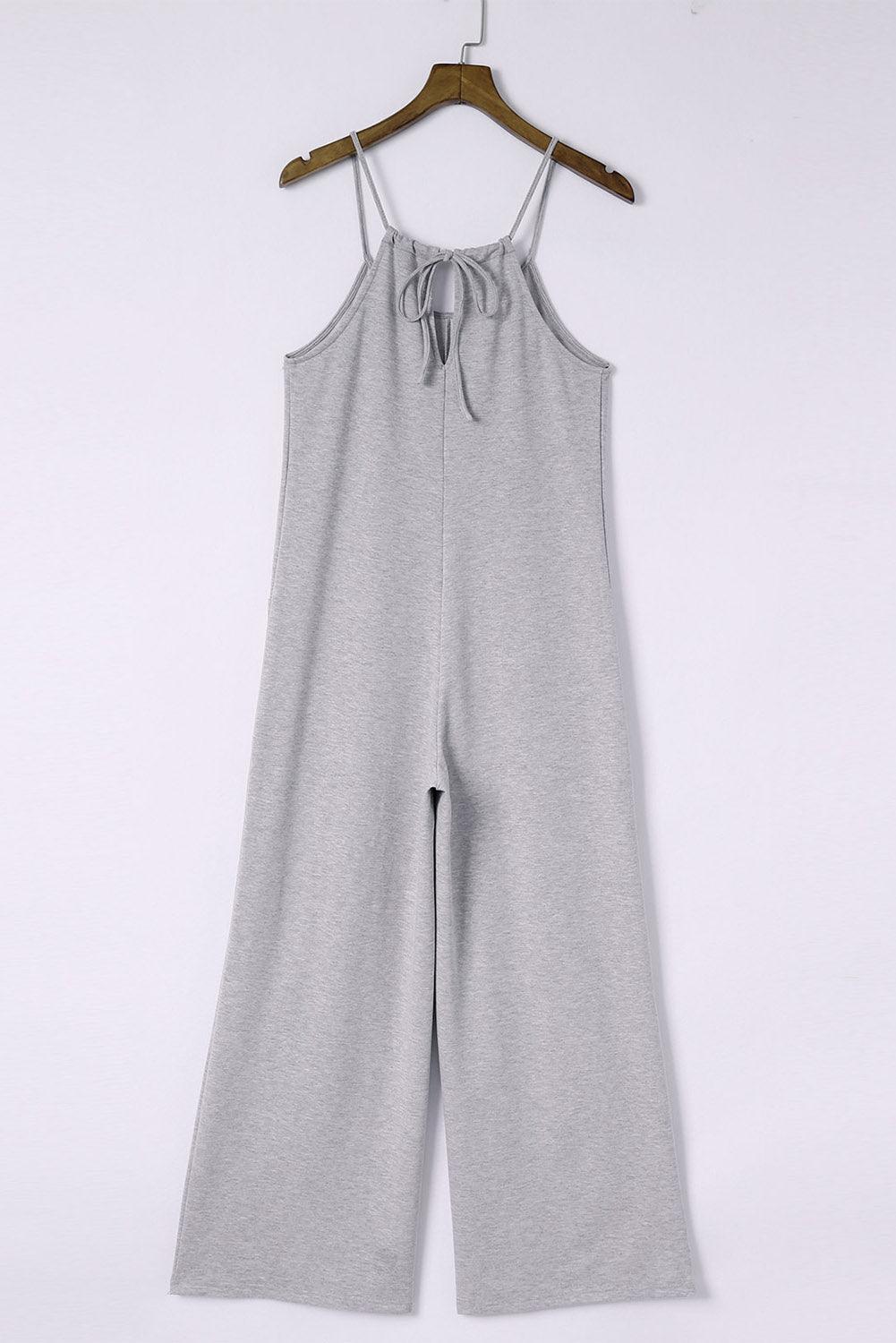Gray Patch Spaghetti Strap Cotton Jumpsuit with Pockets