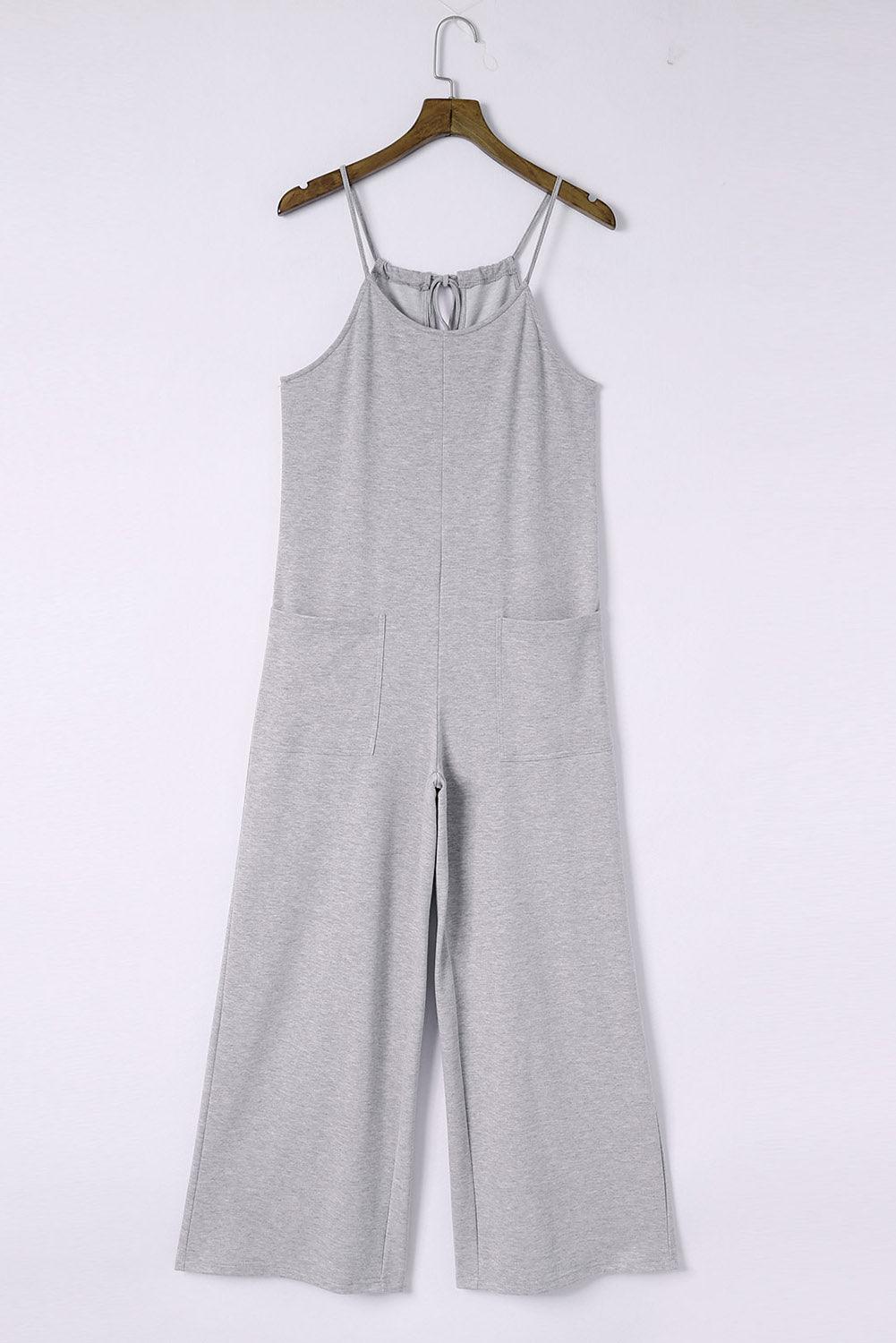 Gray Patch Spaghetti Strap Cotton Jumpsuit with Pockets
