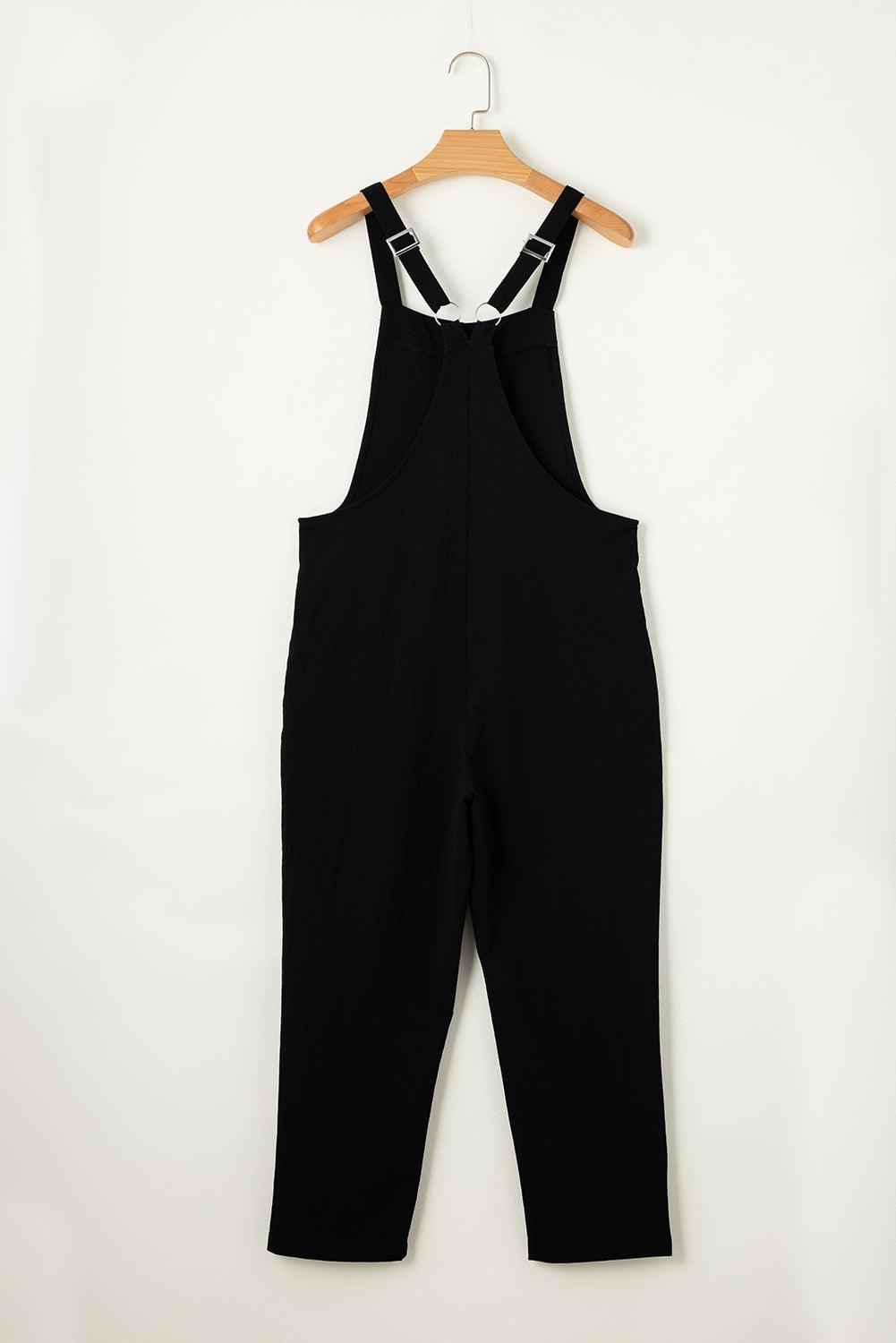Black Casual Overall Jumpsuit with Adjustable Buckle Straps Cropped