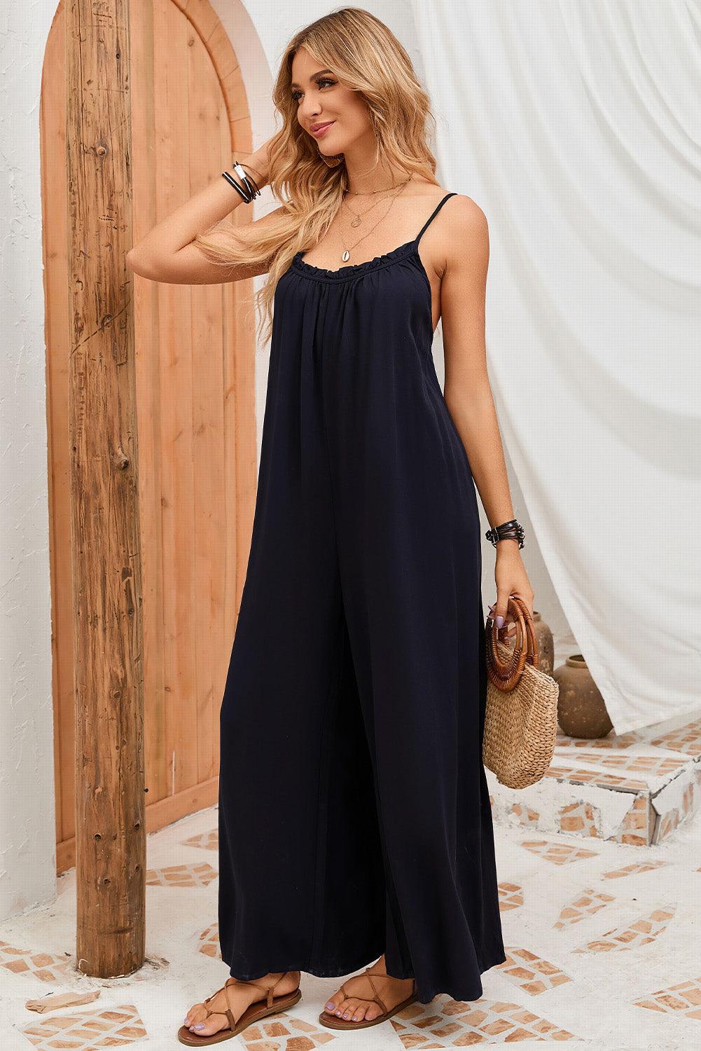 Backless spaghetti Neckline Jumpsuit with Wide Leg