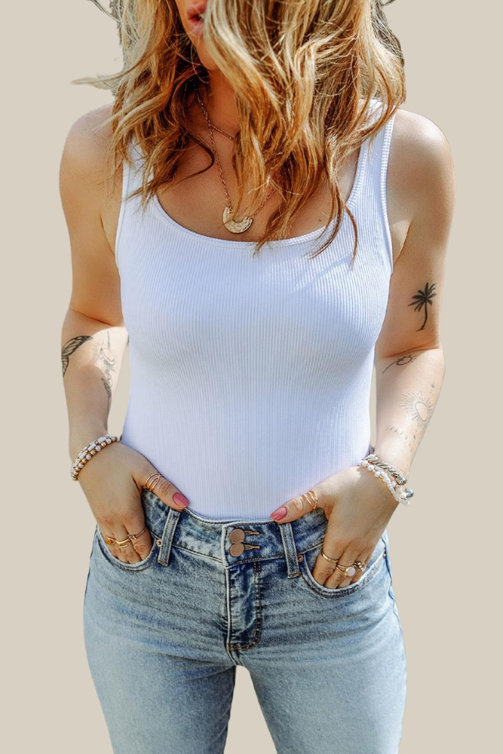 Knit Square Neck Sleeveless Summer Bodysuit White