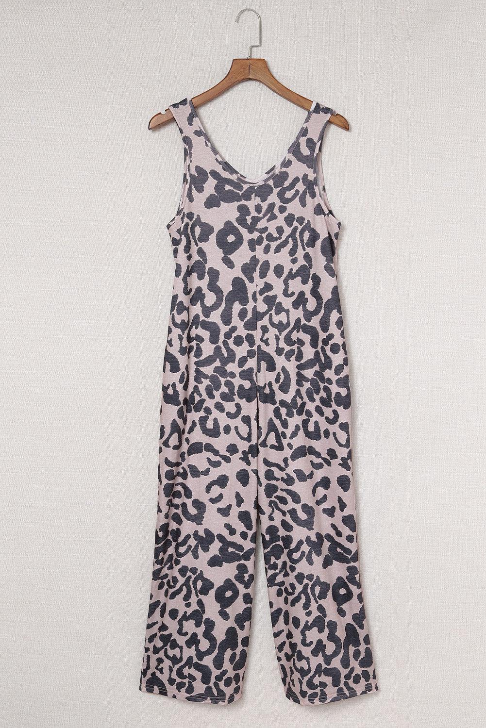 Leopard Print Wide Leg V Neck Jumpsuit with Pockets