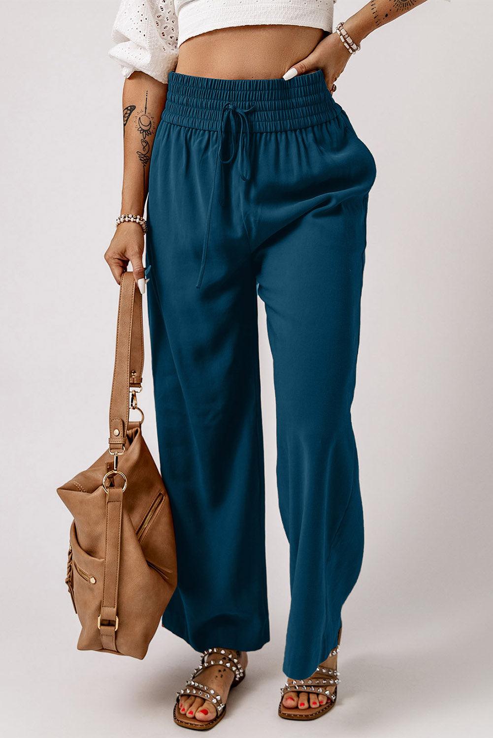 Wide Leg Blue Summer Pants with Elastic Waist for Women