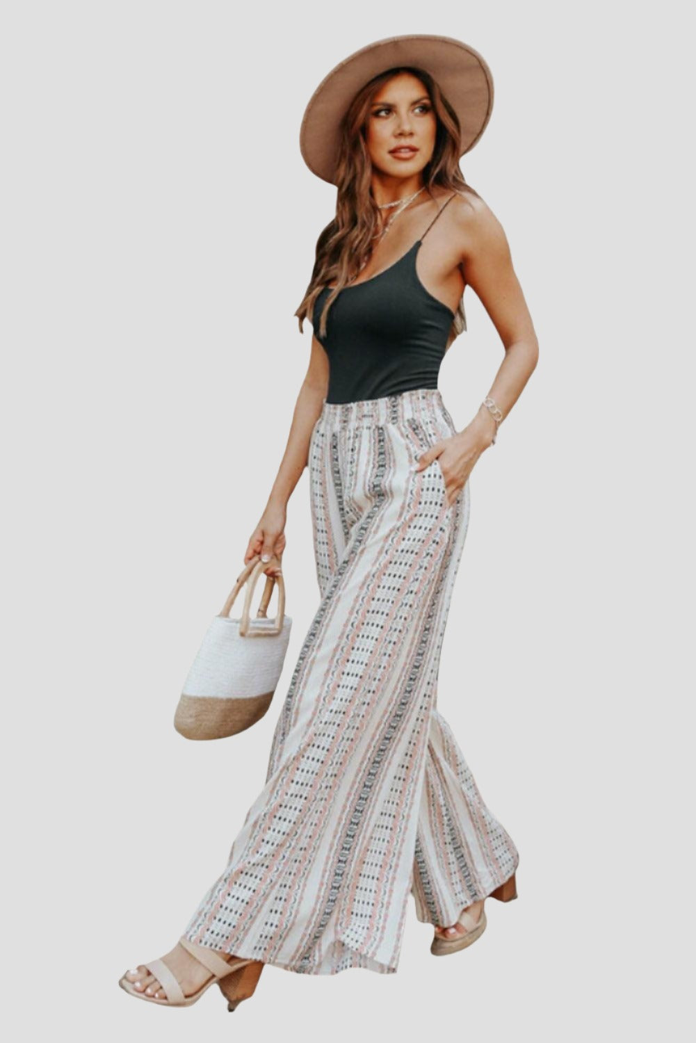 Geometric Pattern Shirred Beige Wide Leg Pants